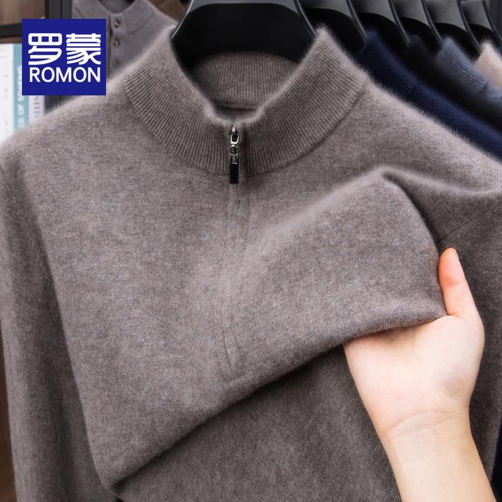 罗蒙男士冬季半高拉链领羊毛衫男款保暖打底衫休闲秋冬长袖针织衫