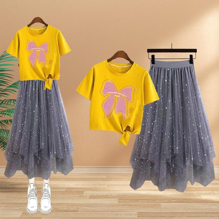 初中生夏季半身网纱裙套装新款中大女童短袖上衣潮流洋气高腰裙套