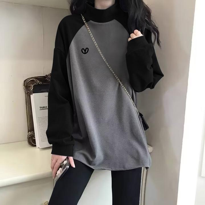 德绒加绒保暖撞色插肩长袖t恤女宽松上衣秋冬打底衫半高领中长款