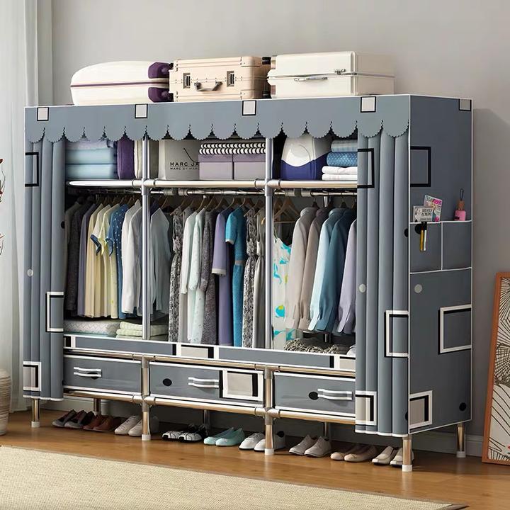 新疆包邮衣柜简易布衣柜全钢架加粗加厚家用卧室出租房用带抽屉式