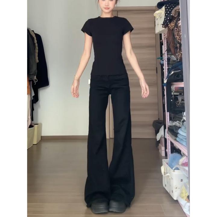 复古黑色微喇牛仔裤女秋季新款辣妹大码胖mm阔腿宽松显瘦直筒长裤