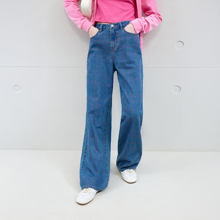 【100%棉】Juicy Couture橘滋牛仔裤女25年秋冬新款格纹烫钻长裤