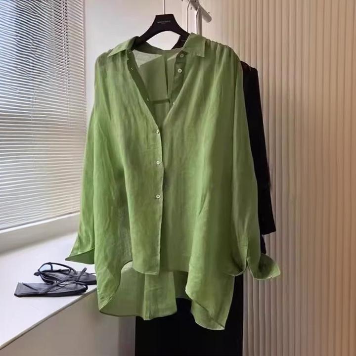 法式高级感绿色大码衬衫女夏季薄款宽松慵懒衬衣长袖防晒上衣ins