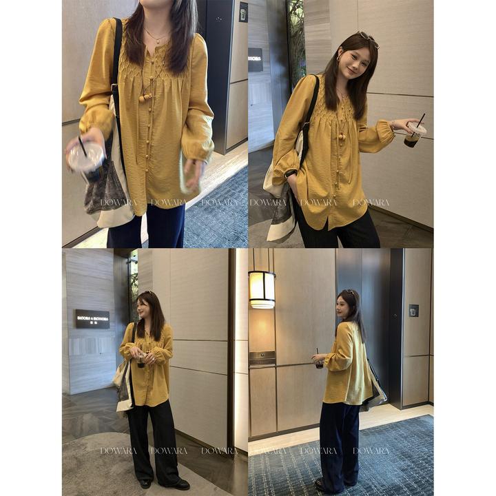 现货大婉酱微胖定制【黄昏】法式气质褶皱长袖衬衫秋休闲衬衣1021D
