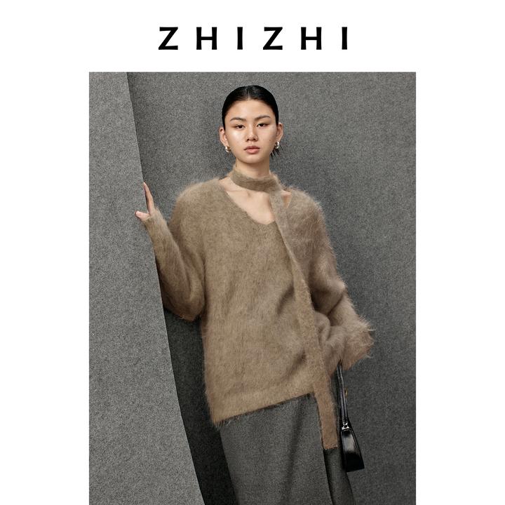 致知 好事近 羊驼拉毛围巾V领毛衣宽松25年冬ZZ2EWKZL006