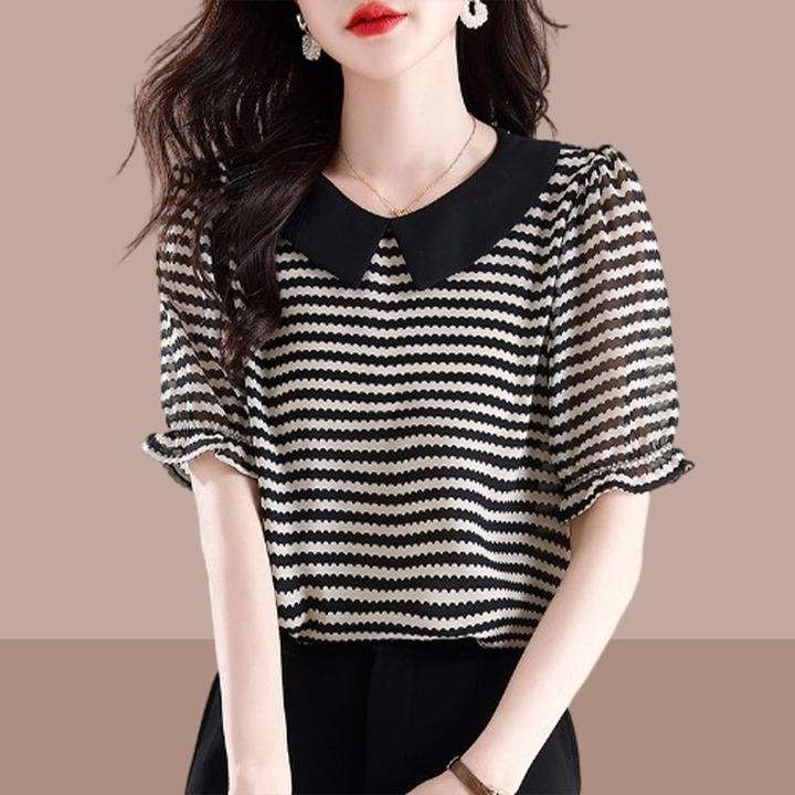 条纹衬衫女短袖t恤夏季新款娃娃领上衣宽松减龄洋气独特漂亮小衫
