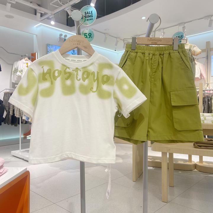 皇室童缘【中大童】2025男童夏装绿色套装潮流百搭夏款五分裤夏季