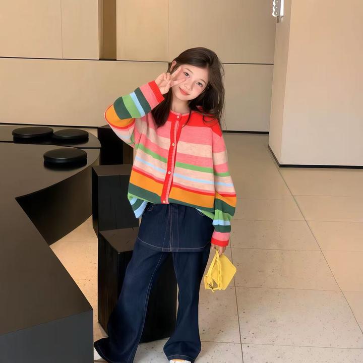 女童毛衣外套春秋装2025新款女大童彩虹针织衫儿童多巴胺开衫上衣