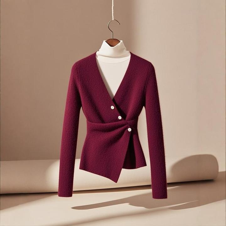 独特超好看安可拉红假两件针织衫女2025冬季内搭打底韩系收腰毛衣