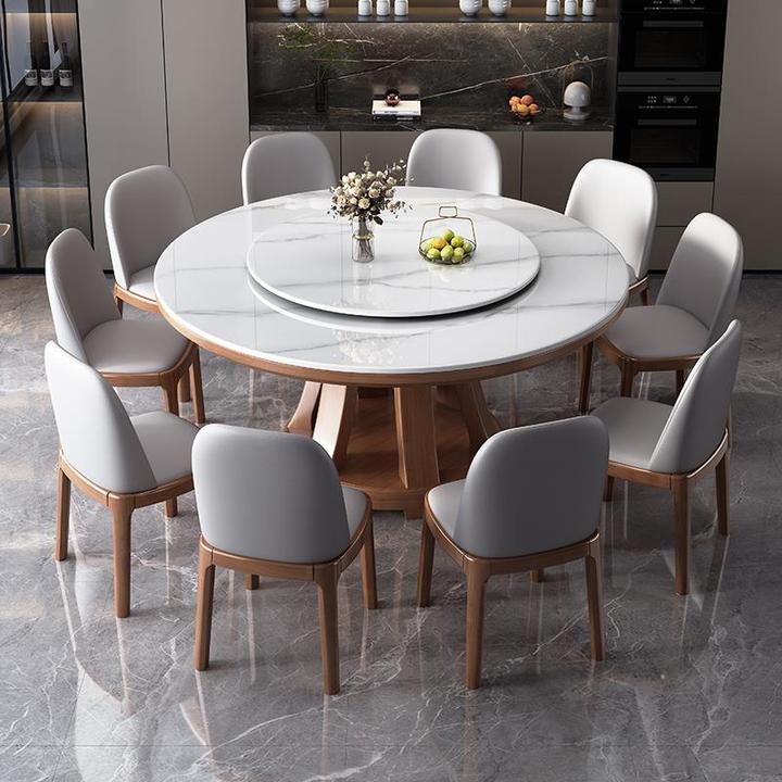 高端岩板餐桌椅组合圆形现代简约轻奢小户型实木圆桌转盘家用饭桌