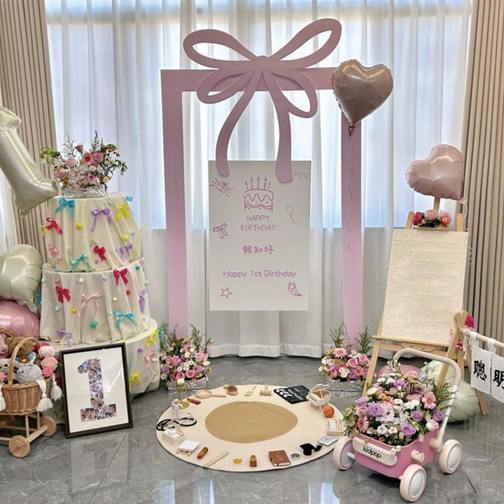 宝宝周岁生日布置家里简单女孩粉色可爱蝴蝶结拍照背景墙kt板道具