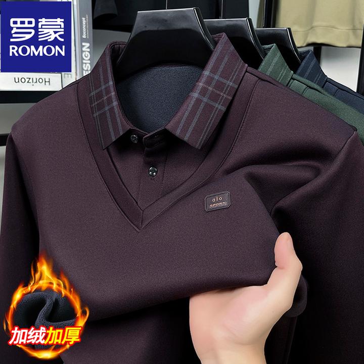 罗蒙冬季新款假两件加绒polo衫条纹翻领纯色加厚保暖男士打底衫