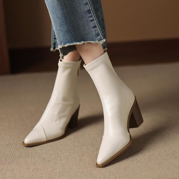 7.5cm~法式尖头粗跟短靴2025秋冬款后拉链白色百搭高跟洋气瘦瘦靴