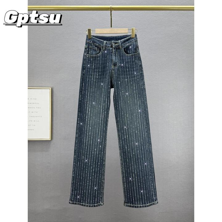 GPTSu重工烫钻牛仔裤女潮2025年秋季新款高腰宽松显瘦直筒加长裤
