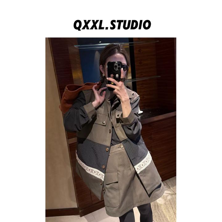 邱小小丽呀 秋季新款撞色拼接工装马甲女复古小众设计感外穿上衣