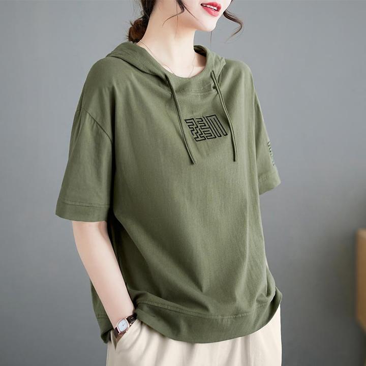 韩版大码洋气连帽短袖t恤女2025年夏季新款宽松遮肉百搭显瘦上衣