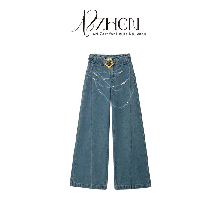 AZZHEN【白墨线条】 复古水洗珍珠印花阔腿镰刀牛仔裤AZ5CNK12-00