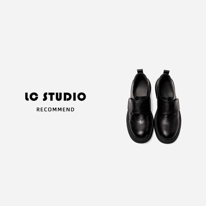 【老曹说鞋】韩版厚底乐福鞋魔术贴一脚蹬小皮鞋黑色粗跟百搭单鞋女