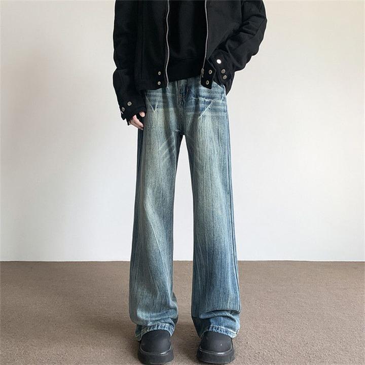 WG2025美式cleanfit扎花闪电裂纹水洗设牛仔裤男女直筒微喇长裤