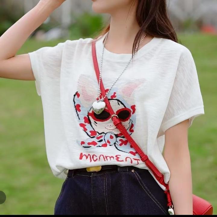 设计感卡通墨镜小猫短袖T恤女2025夏季新款欧货时尚圆领透气上衣