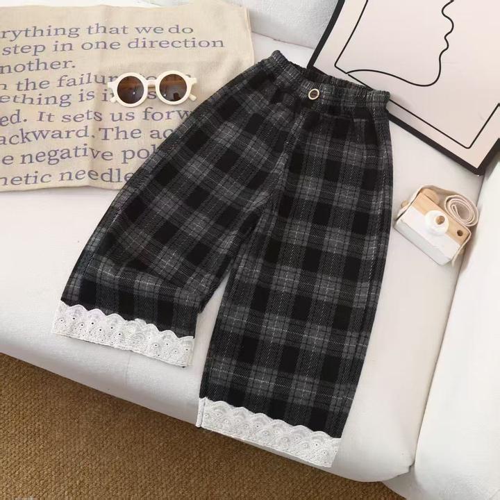 春秋季女童格子阔腿裤新款女孩洋气蕾丝花边直筒裤儿童韩版休闲裤