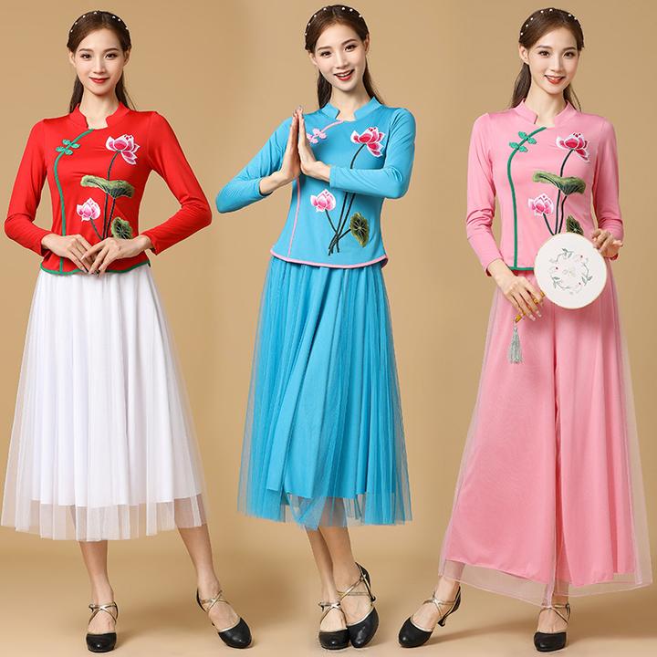 新款绣花广场舞服装女古典舞蹈套装中国风网纱长裙表演跳舞演出服