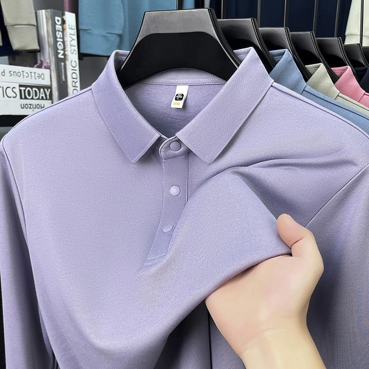 春秋新款高端桑蚕丝长袖Polo衫男翻领商务休闲T恤男士冰丝爸爸装
