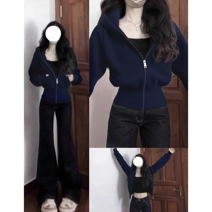 外套灰色短款卫衣女2025新款秋天韩系修身收腰连帽上衣秋季穿搭薄