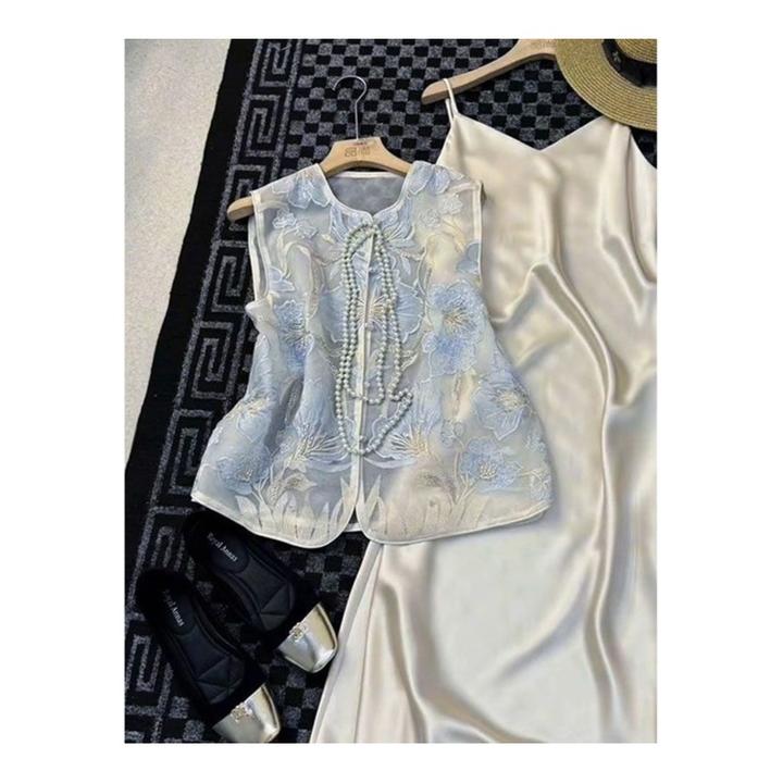 新中式国风夏季女装盘扣马甲吊带连衣裙套装蕾丝气质网红复古法式