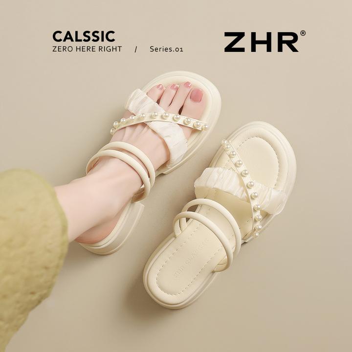 ZHR一字拖鞋女2025夏季新款仙女风珍珠沙滩鞋厚底两穿罗马凉拖鞋