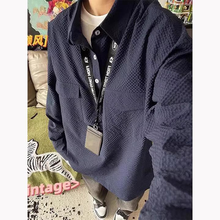 藏青色泡泡纱工装衬衫男春季设计感半开衫长袖衬衣美式Polo衫外套