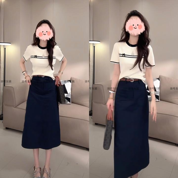 小众设计时尚百搭撞色蝴蝶结短袖针织上衣高腰显瘦半身裙两件套女