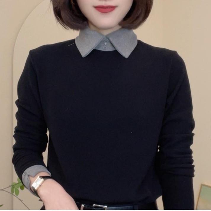 5105冬季新款撞色假两件时尚百搭显瘦女士上衣简约修身小衫