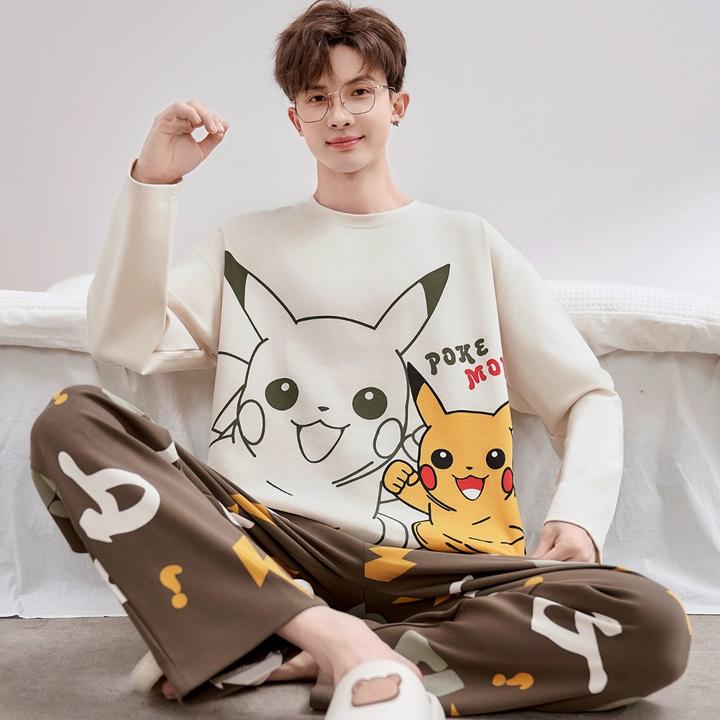 男款纯棉睡衣长袖长裤秋季卡通加大码宽松初中生可外穿家居服套装