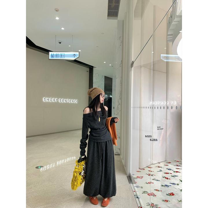 区区欧阳 针织抽绳休闲裤女冬季宽松阔腿裤花苞长裤复古直筒裤子