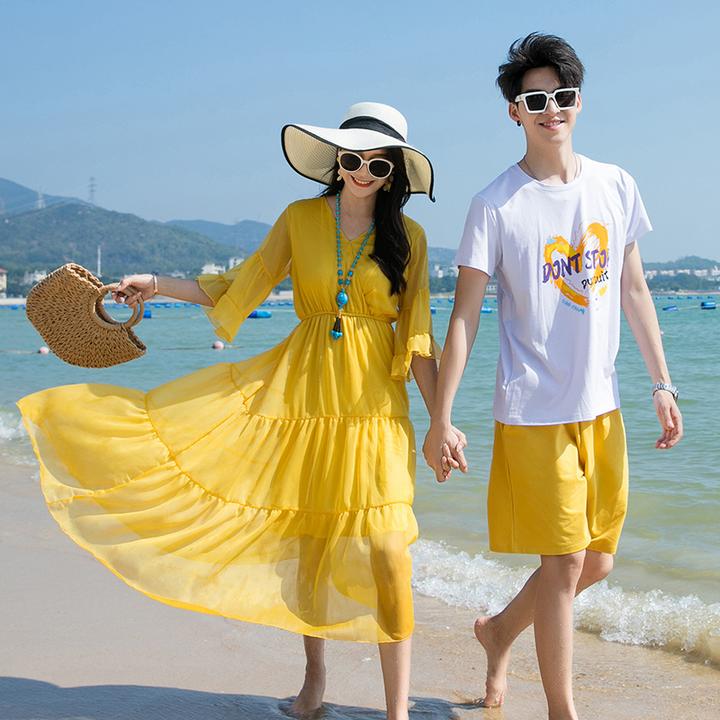 情侣沙滩套装男女夏季三亚海边旅游度假大裙摆沙滩裙母女装亲子装