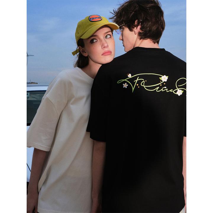 FORNINES梨花刺绣重磅纯棉短袖T恤男女情侣上衣潮牌夏季美式半袖