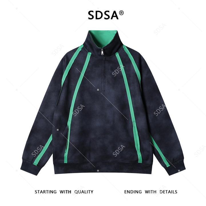 SDSA男士秋冬新款痞帅男装扎染撞色织带半拉链立领卫衣宽松休闲