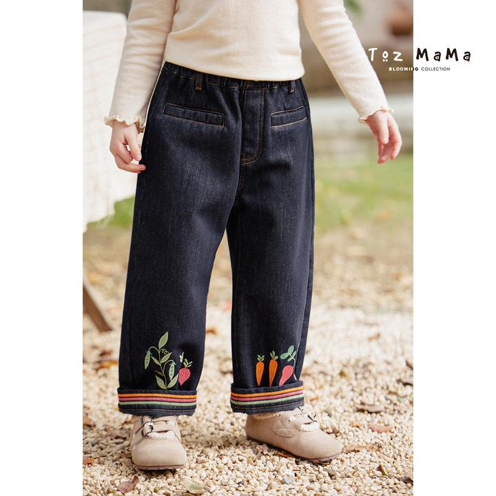 Toz Girls豆几妈11/24冬季撞色脚口绣花牛仔裤女童加厚百搭裤子