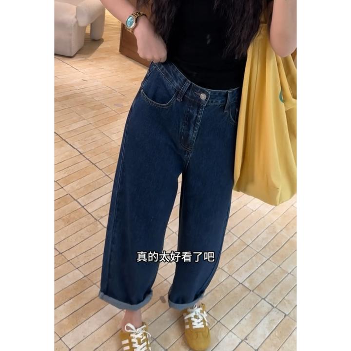 夏季女装弹力直筒裤2025新款小个子显瘦宽松高腰时尚百搭牛仔裤女