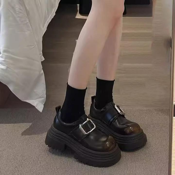 松糕厚底JK小皮鞋女2025春季新款增高粗跟显瘦一脚蹬金属扣乐福鞋