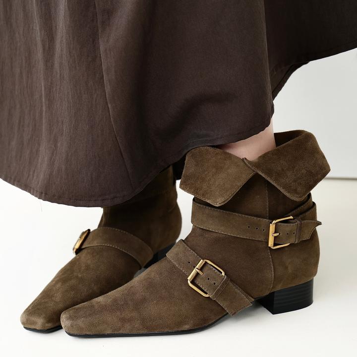 InkingPot彭姐 小众设计复古短靴方头麂皮西部靴中筒靴女靴秋新款