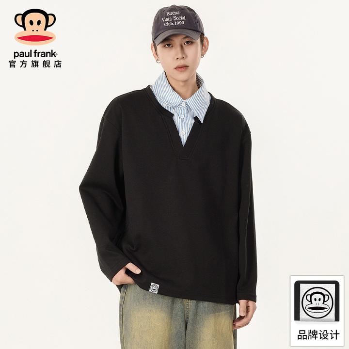 paul frank/大嘴猴秋冬新款假两件长袖polo衫男宽松翻领休闲上衣