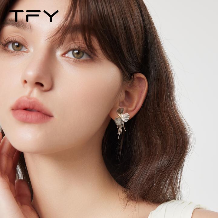 铜合金合成锆石耳饰 TFY气质花朵流苏耳环925银针