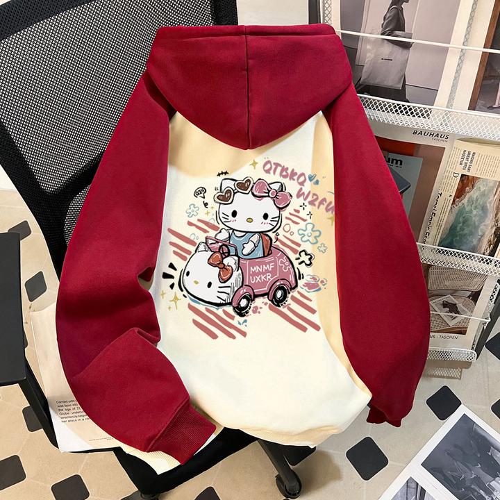 秋冬新款女童插肩连帽卫衣卡通可爱凯蒂猫印花中大童洋气百搭上衣