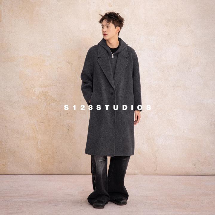 高定系列 双面羊毛大衣 100%羊毛假两件休闲纯色长款连帽男潮