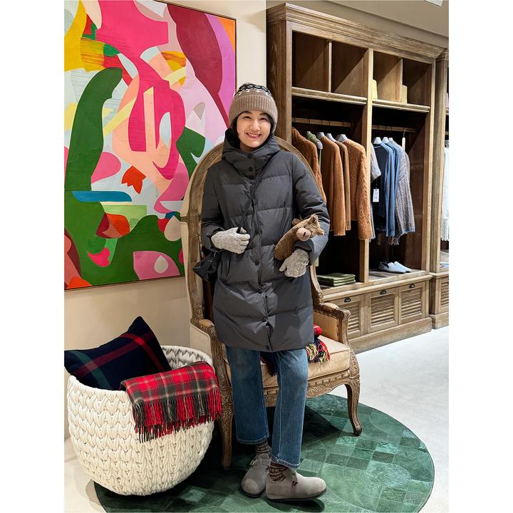 LANGQING 简约单排扣中长款连帽白鹅绒羽绒服47397#