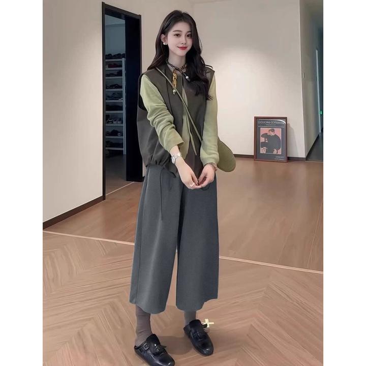 2025新款阔腿八分裤纯色厚款慵懒风拼接休闲裤女装秋季裤子显瘦