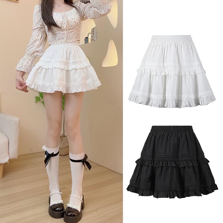 春季新款甜美松紧腰褶皱荷叶边半身裙高腰显瘦蓬蓬芭蕾风短裙白色