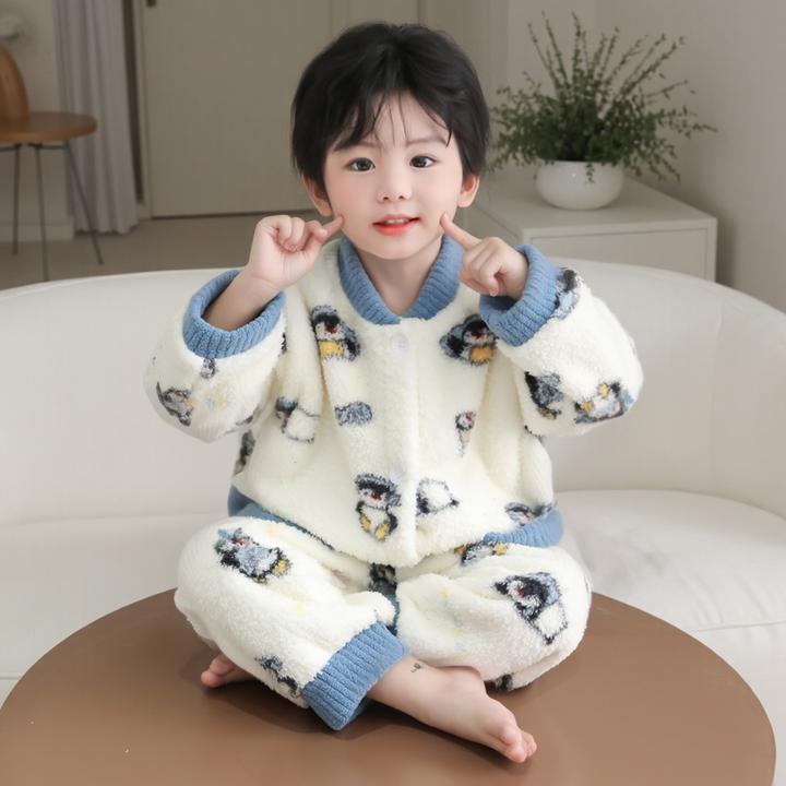 男童法兰绒睡衣秋冬季2025新款男孩宝宝加绒珊瑚绒家居服开衫套装